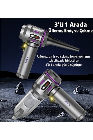 Ezere 16000pa Güçlü Dijital Göstergeli Vakumlu Kablosuz Üflemeli Mini Araç Süpürgesi Gümüş