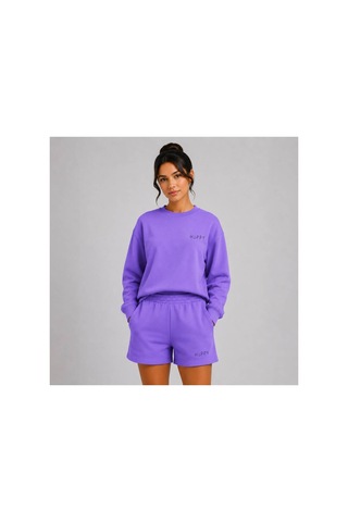 Herkesemoda Hüppy Baskılı Kadın Oversize Şortlu Sweatshirt Eşofman Takımı Mor