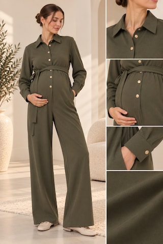 Luvmabelly Myra6170 Hamile Gömlek Yaka Kuşaklı Tulum - Haki