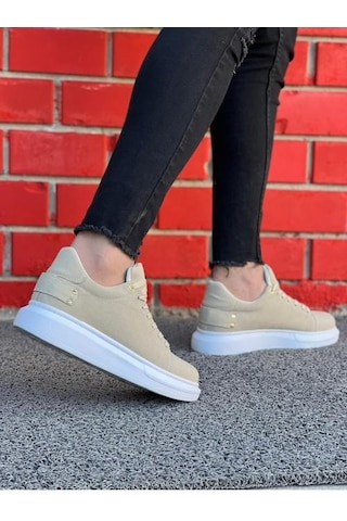Erkek Süet Spor Günlük Ayakkabı Yüksek Kalın Taban Bağcıklı Sneaker Bej