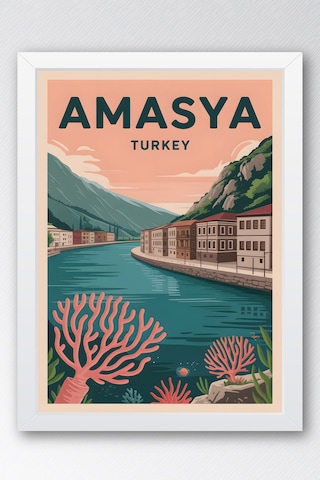 Amasya Tablo - Retro Travel Poster - Türkiye Şehir Serisi Duvar Dekoru - Çerçeve Şehir İllüstrasyonu Beyaz