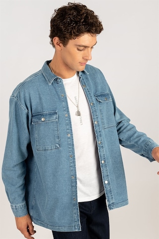 Tudors Oversıze Denim Çift Cep Kapaklı Çıtçıtlı Erkek Kot Gömlek-24982 Mavi