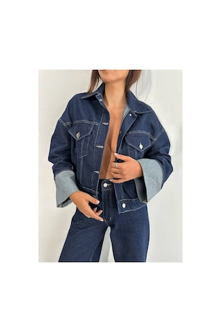Zdnjeans W1910 Kolu Katlamalı Lacivert Crop Denim Ceket