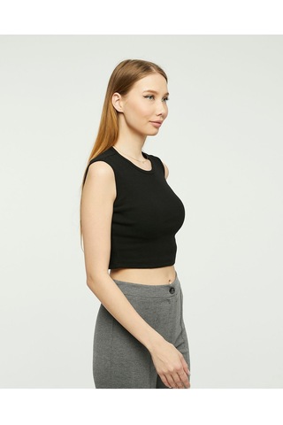 Bella Dossi Rahat Siyah Kaşkorse Kolsuz Sıfır Yaka Kadın Crop Top Siyah