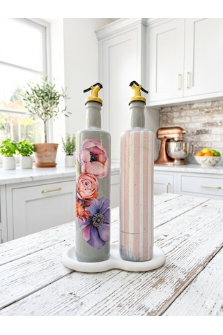 750 Ml Büyük Boy El Yapımı Cam Yağdanlık Sirkelik 2'li Set Çiçek Desenli Ve Çizgili Dekoratif Zeyt Pembe Ve Beyaz