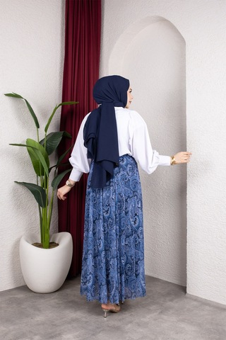 Hira Life Fashion Asimetrik Kesim Etnik Desen Astarlı Tül Tesettür Etek Mavi Mavi