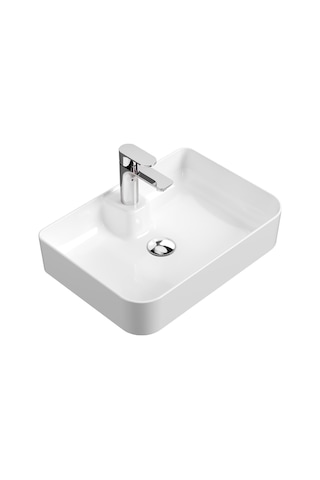 Mestola Tezgah Üstü Kare Çanak Lavabo Batarya Delikli 50 X 35 Cm Beyaz