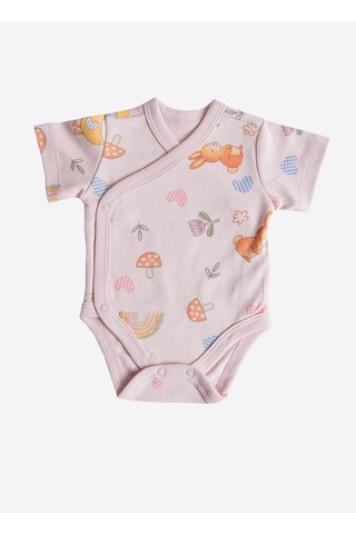 KitiKate Organik Cute Bunny 3'lü Kruvaze Kısa Kol Body Pembe