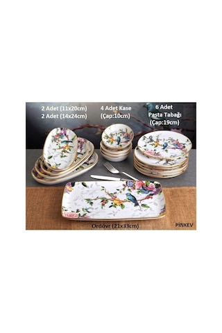 Flora 16 Parça Fanuslu Seramik Pasta Sunum Tabağı Takımı Seti - Kup116f Beyaz