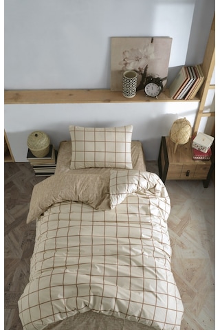Cozy Home Tek Kişilik Lastikli Çarşaflı Nevresim Takımı Kare Krem