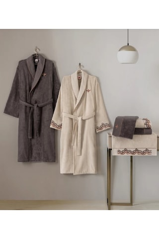 Cottonbox Puff Nakışlı Aile Bornoz Seti Molende Bej-antrasit L-xl Antrasit