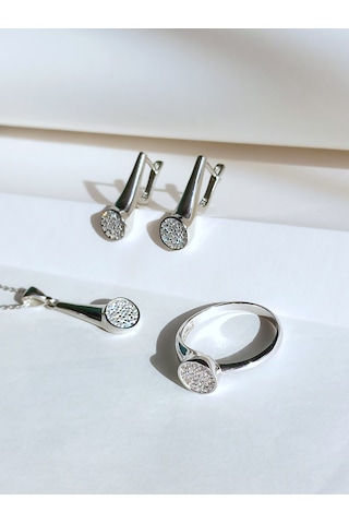 Gümüş Pave Sövalye Tasarım Kolye Küpe Yüzük Kadın Set