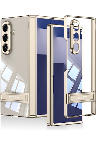 More Tr Samsung Uyumlu Galaxy Z Fold 7 Kılıf Kamera Korumalı Şeffaf Tasarımlı Zore Lego Standlı Kapak - Gold Altın