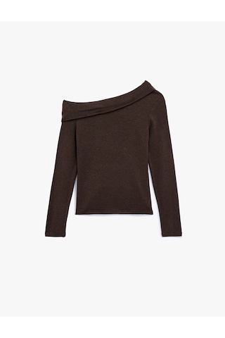 Koton Slim Fit Uzun Kollu Omzu Açık Tişört Kahverengi 6wal10464ık Kahve