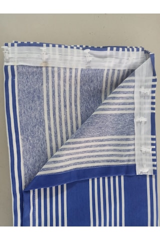 Ceylan Home Balkon Perdesi Bağcıklı Ölçü Seçenekli Mavi İnce Çizgili Mavi