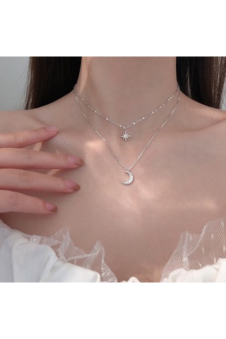 Tcherchi Gümüş Renk Yıldız Ay Çift Katmanlı Kolye Gümüş