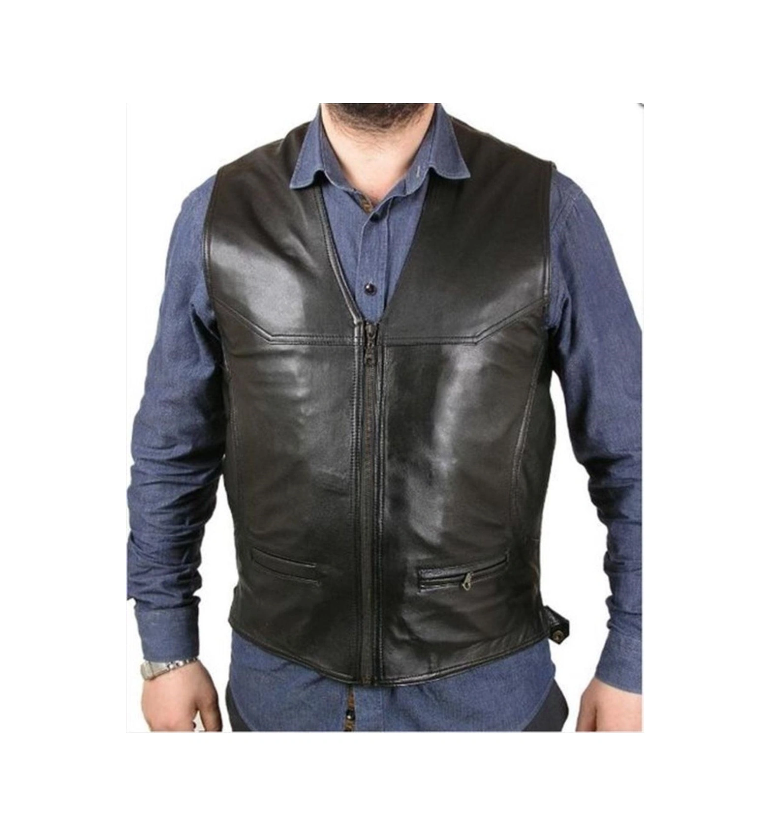 Hakiki Deri Siyah Leskovac Fermuarlı Erkek Deri Yelek Kahverengi