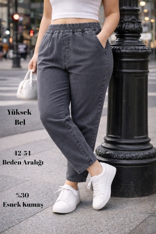 Cedy Denım - Büyük Beden Likralı, Beli Lastikli Jean Pantolon C636 Açık Gri