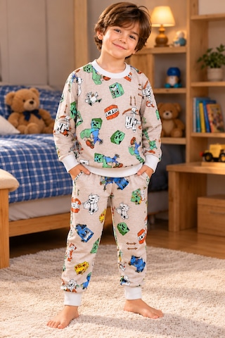 Üç Gül Ticaret Erkek Çocuk 3-8 Yaş Minecraft Desenli Pijama Takımı İçi Pamuklu Şardonlu Turuncu