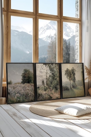 Zestia Siyah Çerçeveli 3'lü Tablo Seti, Klasik Manzara Soft Tonlar, Salon Set No: 30120 50 X 70