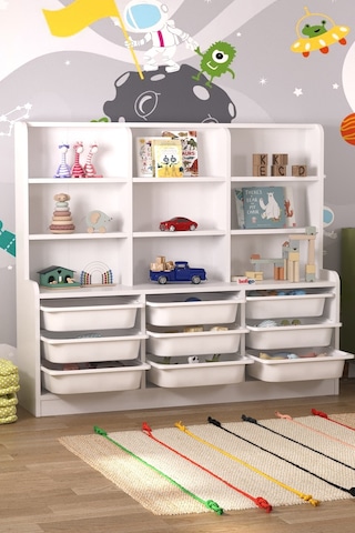 Bofigo 9 Sepetli 9 Raflı Dolap Çok Amaçlı Dolap Oyuncak Dolabı Almina Beyaz Beyaz