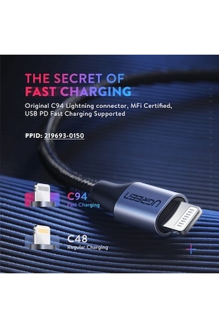 Ugreen Usb-c - Lightning 3a Pd Mfi Sertifikalı Örgülü Hızlı Şarj Kablosu, 1 M, Siyah,