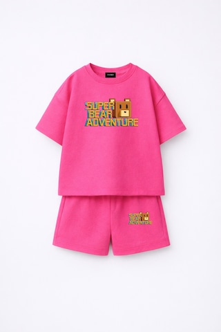 Fasardi Super Bear Adventure Süper Ayı Baskılı Oversize %100 Pamuk Tişört Şort 2li Çocuk Takım Fuşya