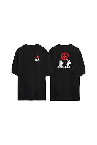 Thewert Unisex Graffiti Sokak Sanatı Tuval Ön Arka Baskılı Sıyah Oversize T-shirt Siyah
