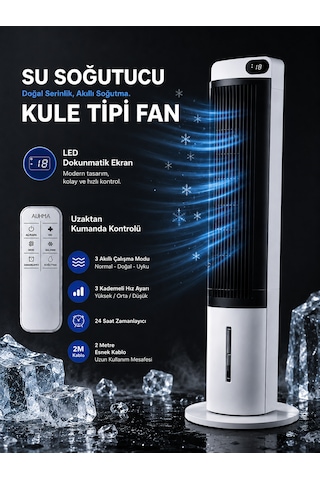Sessiz Kule Tipi Hava Soğutucu 40 İnç 70w 3l Su Tanklı Led Dokunmatik Ekranlı Vantilatör Fan