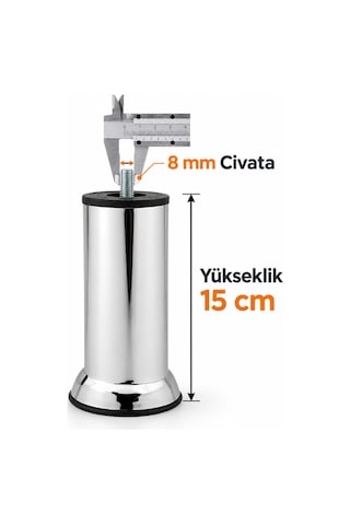 12 Adet Mobilya Kanepe Baza Koltuk Yatak Çekyat Destek Yükseltme Ayağı M8 15 Cm Krom Metal Ayakları Gri