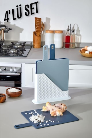 4 Parça Standlı Kesim Tahtası Seti - Ekmek/ Et/ Sebze Kesme Tahtası - Küçük - Mavi Mavi