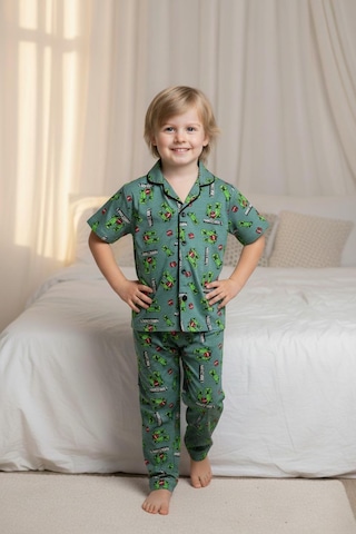 Lillypicca Yeşil Karakter Desenli Düğmeli Erkek Çocuk Kısa Kol Pijama Takımı