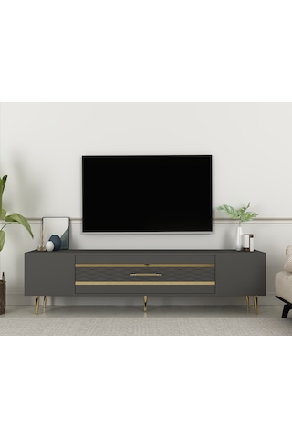 Aşkabat Tv Sehpası Tv Ünitesi 150 Cm Antrasit Altın