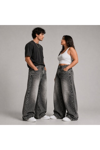 St.poll Eskitme Füme Yıkamalı Unisex Büyük Beden Baggy Jean Pantolon