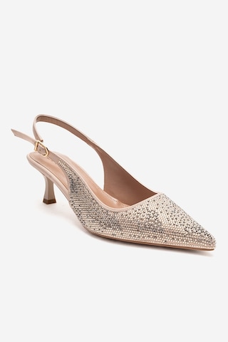 Luvishoes Nella Ten Altın Taşlı Kadın Topuklu Ayakkabı Ten