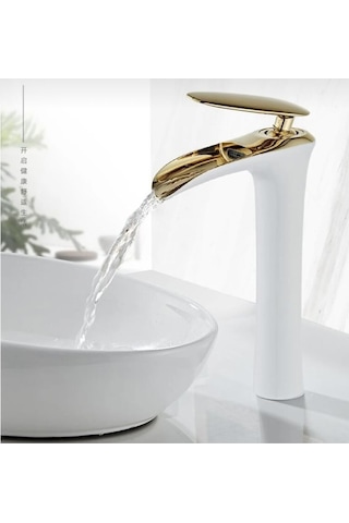 İsaoğlu Yapı Çanak Lavabo Bataryası Gold Beyaz Şelale Lavabo Musluğu Naturel Akışlı Batarya Beyaz