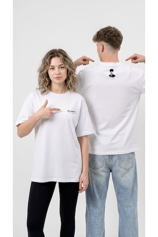 Hoxie Unisex Önü İmzalı Ve Arkası Kalpaklı Atatürk Portreli Özel Tasarım Oversize Beyaz T-shirt