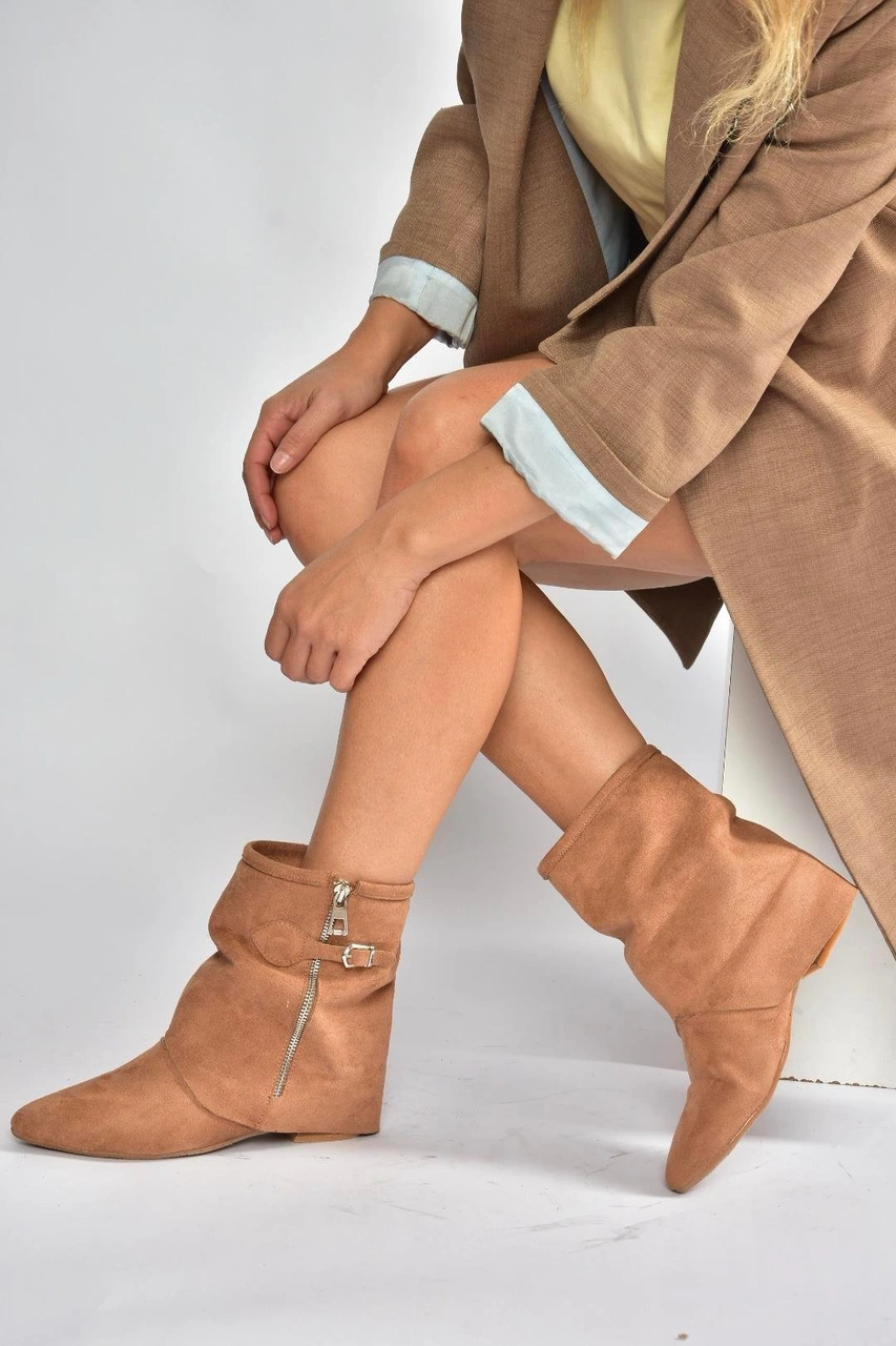 Fox Shoes V380518102 Taba Süet Düz Taban Fermuar Detaylı Kadın Bot Taba-Süet