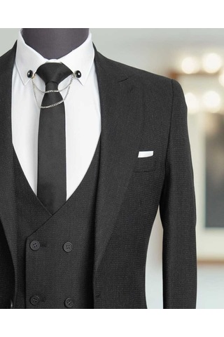 Beystil Sivri Yaka Siyah Takım Elbise Bezayak - Slim Fit Siyah