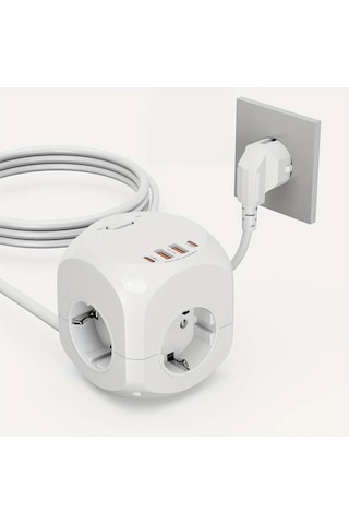 Honeybeeshop Beyaz 4 Delikli Cok Amacli Priz Uzatma Kablosu 4 Usb Arayuzu Avrupa Standarti 4 Prizi Ofis Ev Seyahat Icin