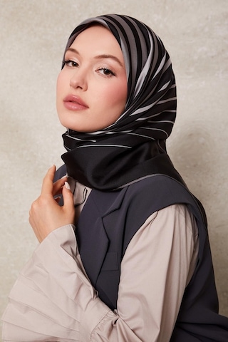 Levidor Şerit Desen Twill İpek Eşarp-0909 Gri