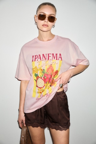 Grımelange Wuna Kadın Yumuşak Kumaşlı %100 Organik Pamuklu Baskı Detaylı Pembe T-shirt