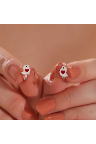 Gümüş Kalpli Kuş Çocuk Küpesi Çok Renkli 67022299