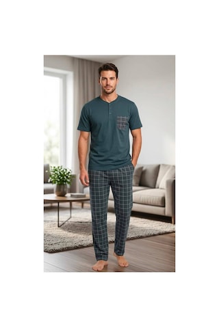 Pijamask Erkek Antrasit Ekose Desenli Cepli Düğmeli Kısa Kollu Pijama Takımı Antrasit