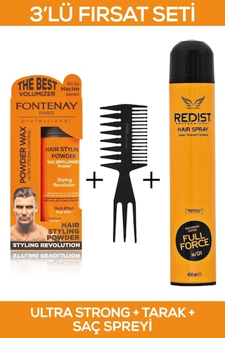 Fontenay Saç Şekillendirici Pudra Toz Wax Ultra Strong Turuncu + Şekil Tarağı + Saç Spreyi 400 ML