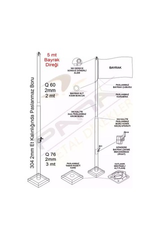 5 Metre Paslanmaz Krom Profesyonel Bayrak Direği