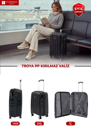 Cotpoly Home Troya Pp Polipropilen Kırılmaz Üçlü Set Valiz 360 Döner Sessiz Tekerlekli Siyah