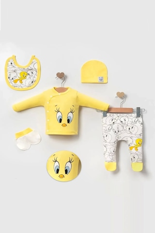 Civciv Desenli Yenidoğan 5li Hastane Çıkışı Zıbın Seti %100 Pamuk Sari