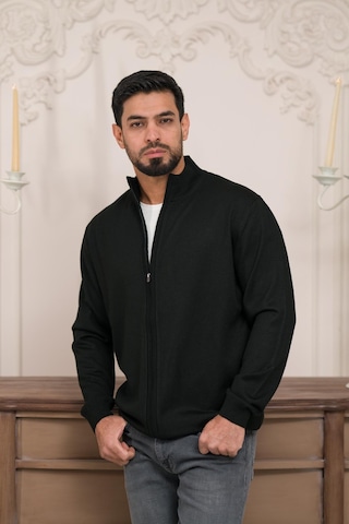Woolen World Regular Fit Dik Yaka İnce Baharlık Triko Hırka Siyah
