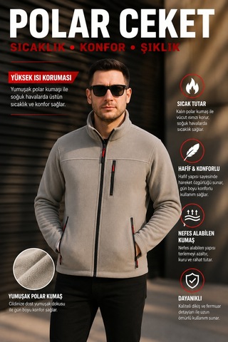 Luxıc Core Erkek Gri Fermuarlı Polar Ceket Dik Yaka Günlük Ve Outdoor Kullanım